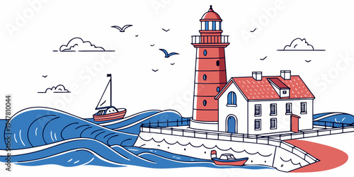 A red and white lighthouse on a small island Vector