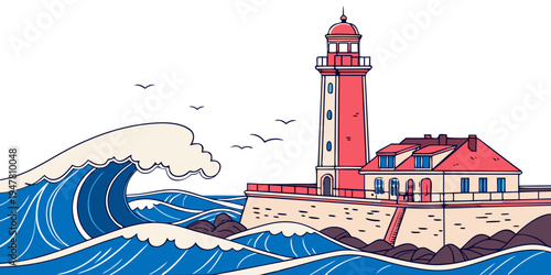 A red lighthouse on a rocky coastline with a large wave crashing Vector