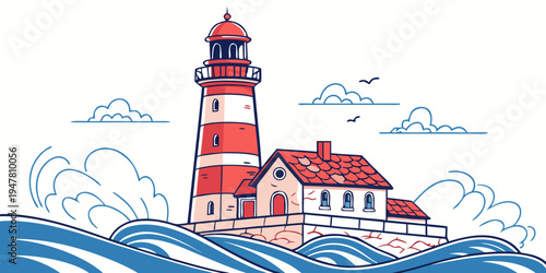 A red and white lighthouse next to a house by the sea Vector