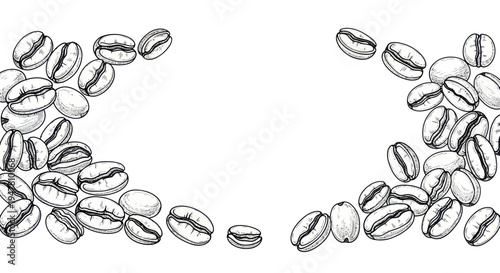 Hand-drawn coffee beans scattered on white background, sketch style, top view