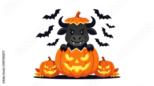 Spooky Halloween illustration featuring a fierce bull emerging from a jack-o-lantern surrounded by bats and pumpkins