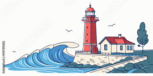 A red lighthouse on a small island with a house Vector