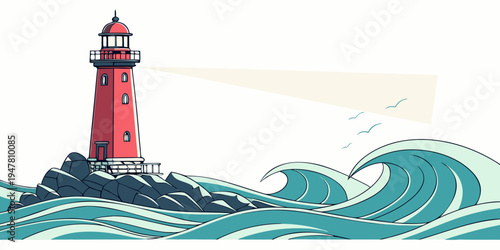 A red lighthouse on a rocky coastline emitting a beam of light into the ocean Vector