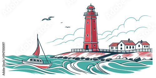 A red lighthouse on a rocky coastline with a sailboat Vector