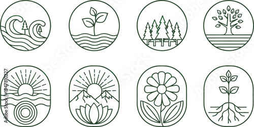 Minimal nature landscape line icons collection with waves forest sunrise flower tree and plant growth eco outline vector set