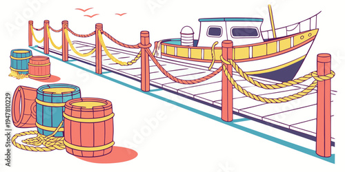 A boat is docked at a pier with barrels and ropes Vector