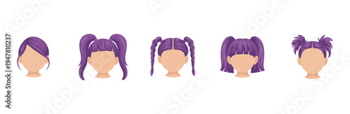Five isolated purple anime hairstyle options including ponytails and side swept looks