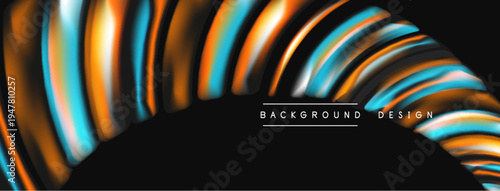 Abstract fluid shapes form arch. Orange, blue hues dominate dark background. Modern design element, dynamic composition.