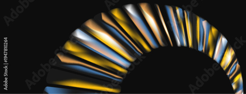 Abstract arc composed vibrant metallic strips. Gradient colors blend, creating dynamic visual effect. Dark background emphasizes form.