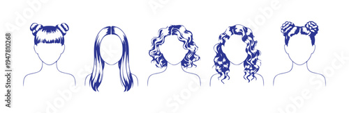 Outline set of feminine hairstyles featuring space buns long straight and curly hair