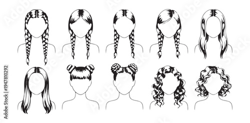 Black and white vector set of female braided hairstyles and long curly hair options