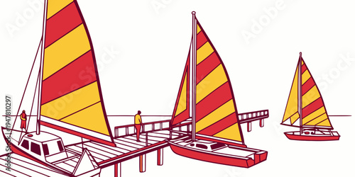 Three red and yellow sailboats on the water Vector