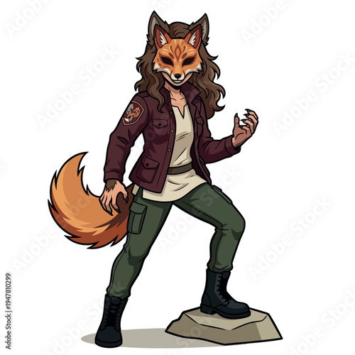 Fox therian girl in burgundy jacket and green pants