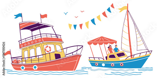 A red and yellow boat and a blue sailboat on the water Vector