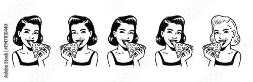 Series of retro women eating pizza slices in sequential comic book style frames