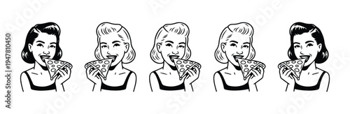 Five different retro women sequentially eating large triangular pizza pieces in row
