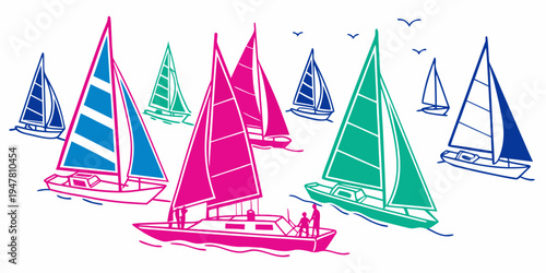 A group of sailboats with colorful sails on the water Vector