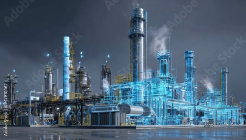 Futuristic Industrial Complex with Blue Digital Overlay.