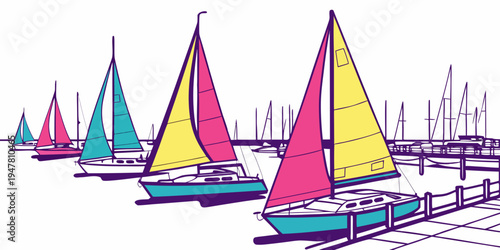 Colorful sailboats are docked in a marina Vector