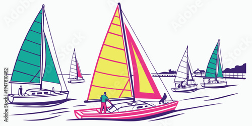Sailboats on the water with colorful sails Vector