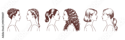 Assortment of side view female portraits depicting various complex and simple hair arrangements