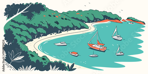 A serene beach scene with boats and a sandy shore Vector