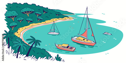 A colorful illustration of a tropical island with boats Vector