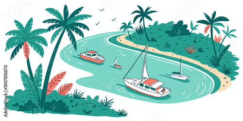 A tropical island with palm trees and boats in the water Vector