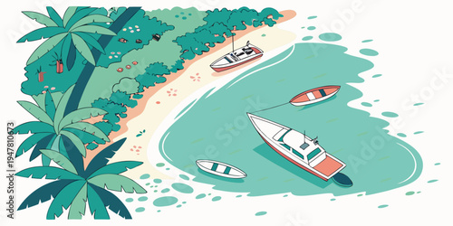 A serene tropical beach with boats in the water Vector