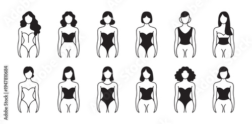 Outline icons showing different female body shapes wearing swimsuits or one piece fashion designs