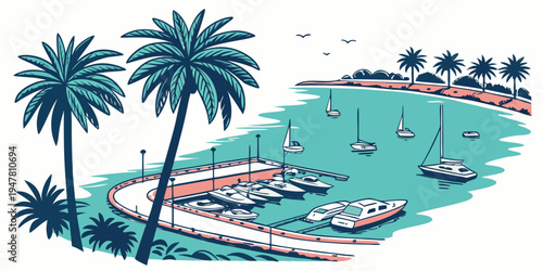 A tropical island with palm trees and boats Vector