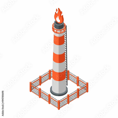Isometric illustration of a gas flare stack with safety fence, emitting flames.