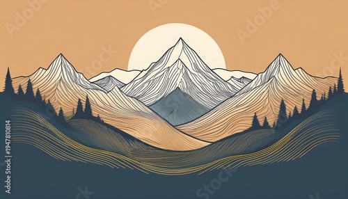 serene mountain range outlined with continuous line art for minimalist design