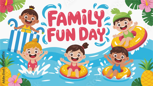 Happy family enjoying fun day at pool with inflatables and tropical drinks