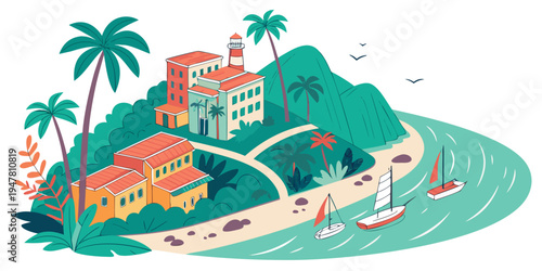 A tropical island with a large house and a boat Vector