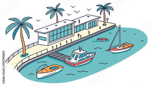 A dock with boats and palm trees Vector