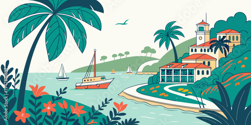 A tropical island with a large house and a boat in the water Vector