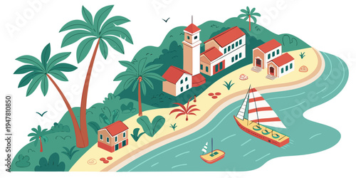 A tropical island with a lighthouse and buildings Vector