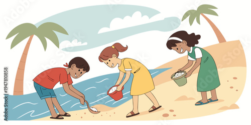 Children playing on the beach with buckets Vector