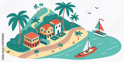 A tropical island with houses and boats Vector