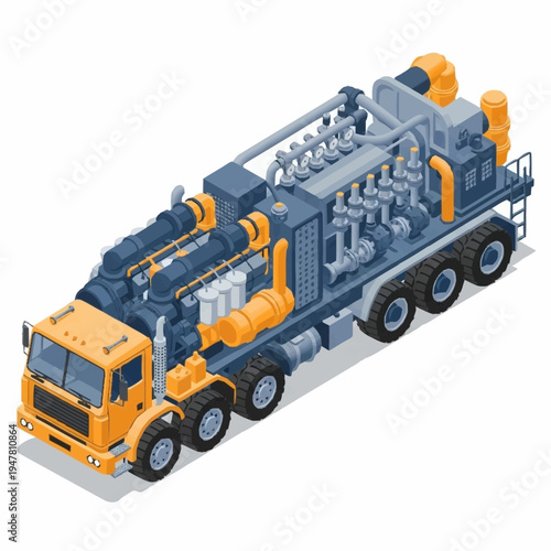 Isometric illustration of a heavy-duty truck equipped with a complex industrial pumping system, likely for oil and gas operations.
