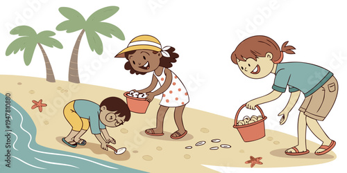 Children playing on the beach with buckets Vector