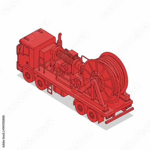Isometric illustration of a red cable pulling truck with a large spool of cable on the back, used for infrastructure and construction.