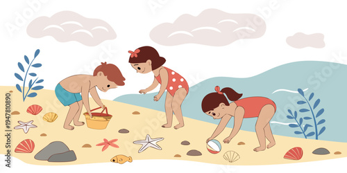 Children playing on the beach with sand and seashells Vector