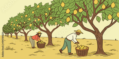 Men picking oranges from trees in an orchard Vector