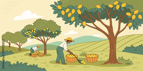A person picking oranges in an orchard Vector