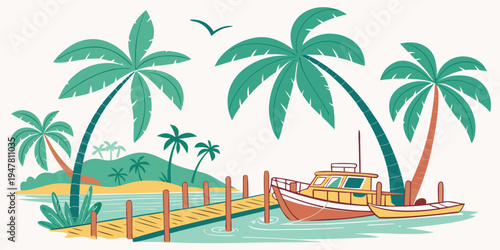 A colorful illustration of a tropical island with a boat Vector