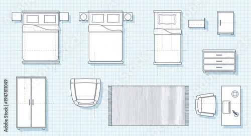 Bedroom Furniture Layout - Top View of Beds, Wardrobe, and Rug.