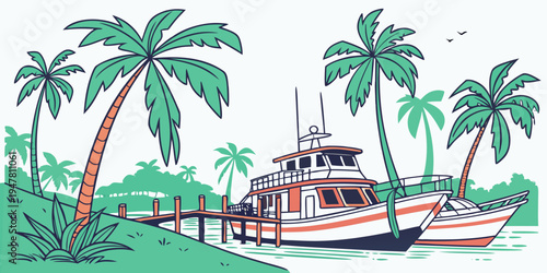 A boat is docked near palm trees on a sunny day Vector