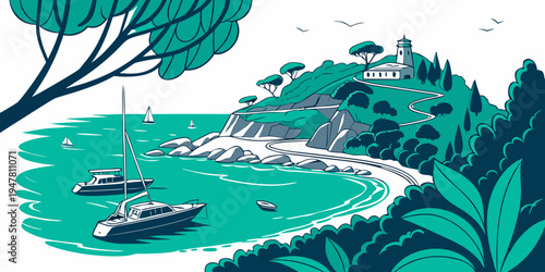 A scenic view of a bay with boats and lush greenery Vector